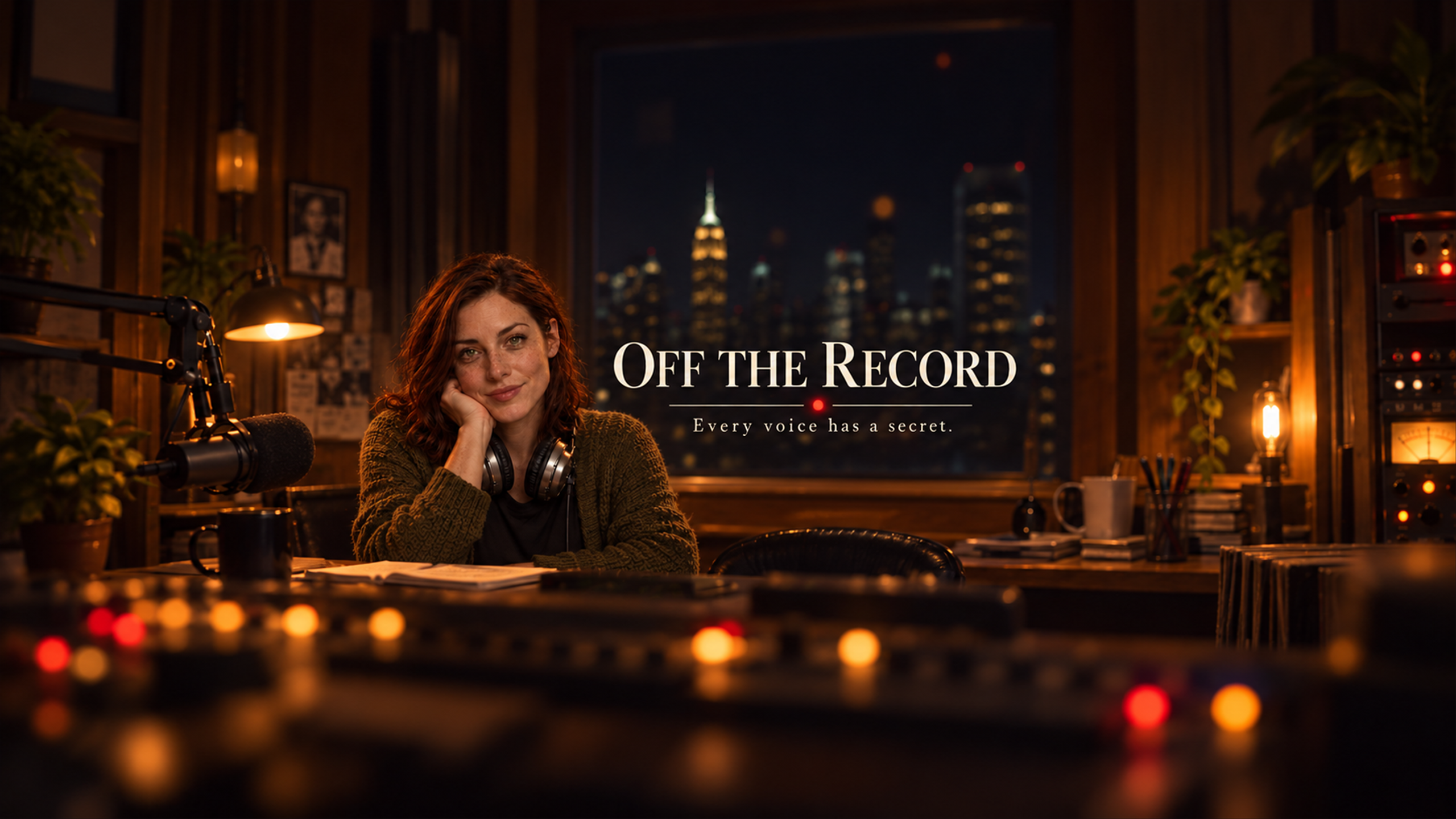 Nora at the late-night radio microphone. Off the Record: Every voice has a secret.